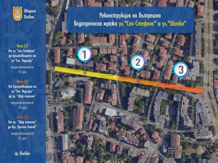Община Плевен започва ремонт на водопровода по ул. „Шипка“ и „Сан Стефано“ от 16 февруари