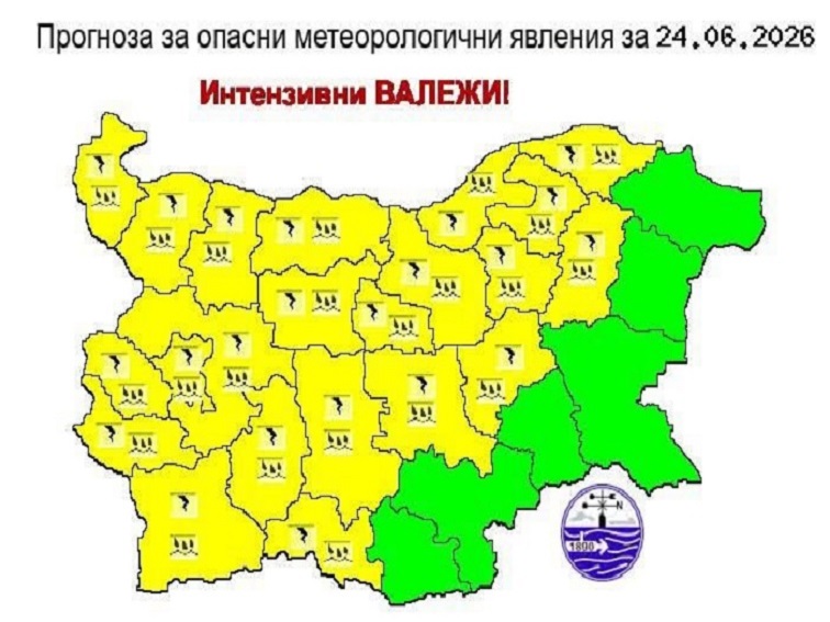 Предупрежденията за гръмотевици и градушки обхващат почти цялата страна